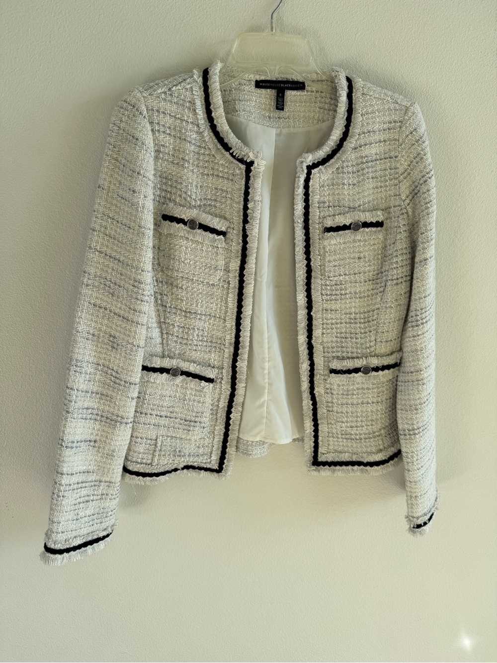 White House Black Market White Tweed Open-Front Jacket with Black Trim